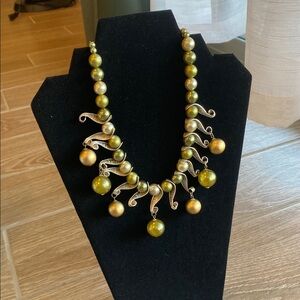 Vintage Beaded Fringe Statement Necklace Green Silver